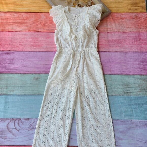 Urban Outfitters White Magnolia Floral Eyelet Ruffle Straight Cropped Jumpsuit M - Picture 5 of 10
